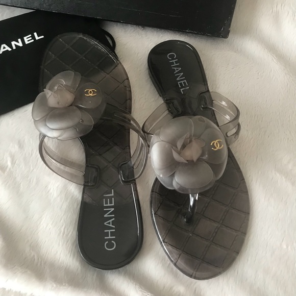 CHANEL Shoes - Chanel Gray Jelly Camellia Flower CC Sandals
